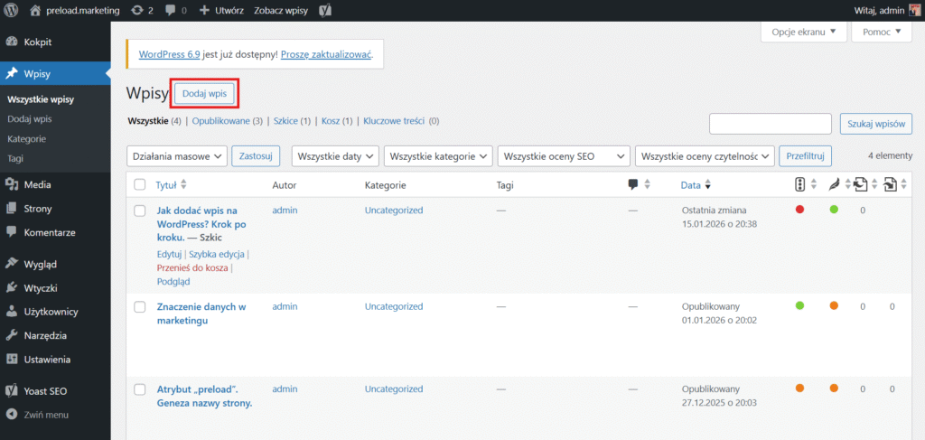 Wordpress jak dodać wpis do strony - strona z wpisami